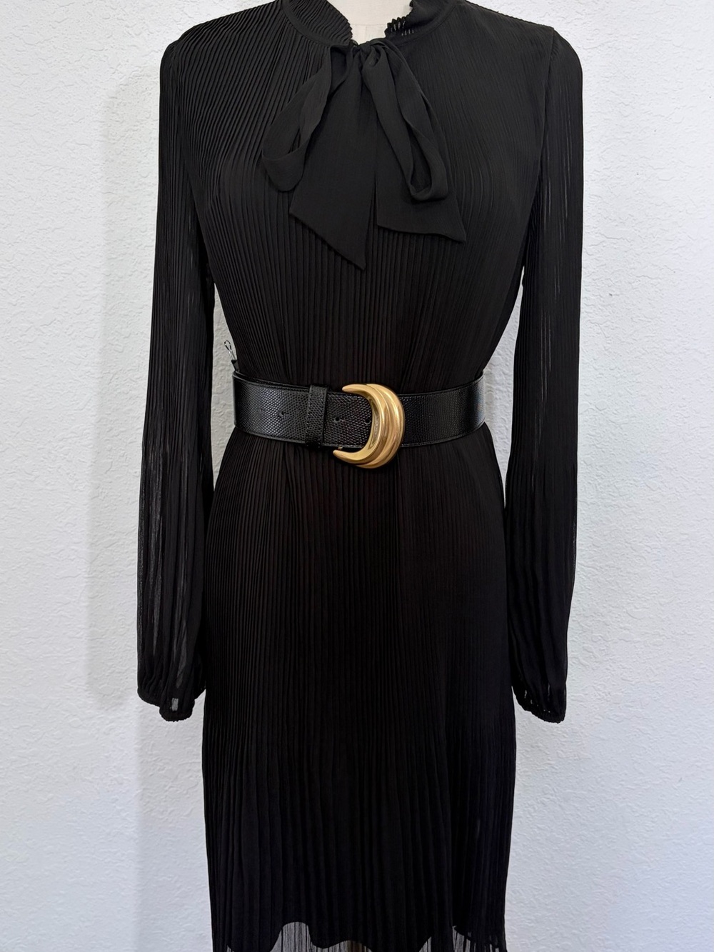 Dkny Black Long-Sleeve Pleated Tie-Neck Dress